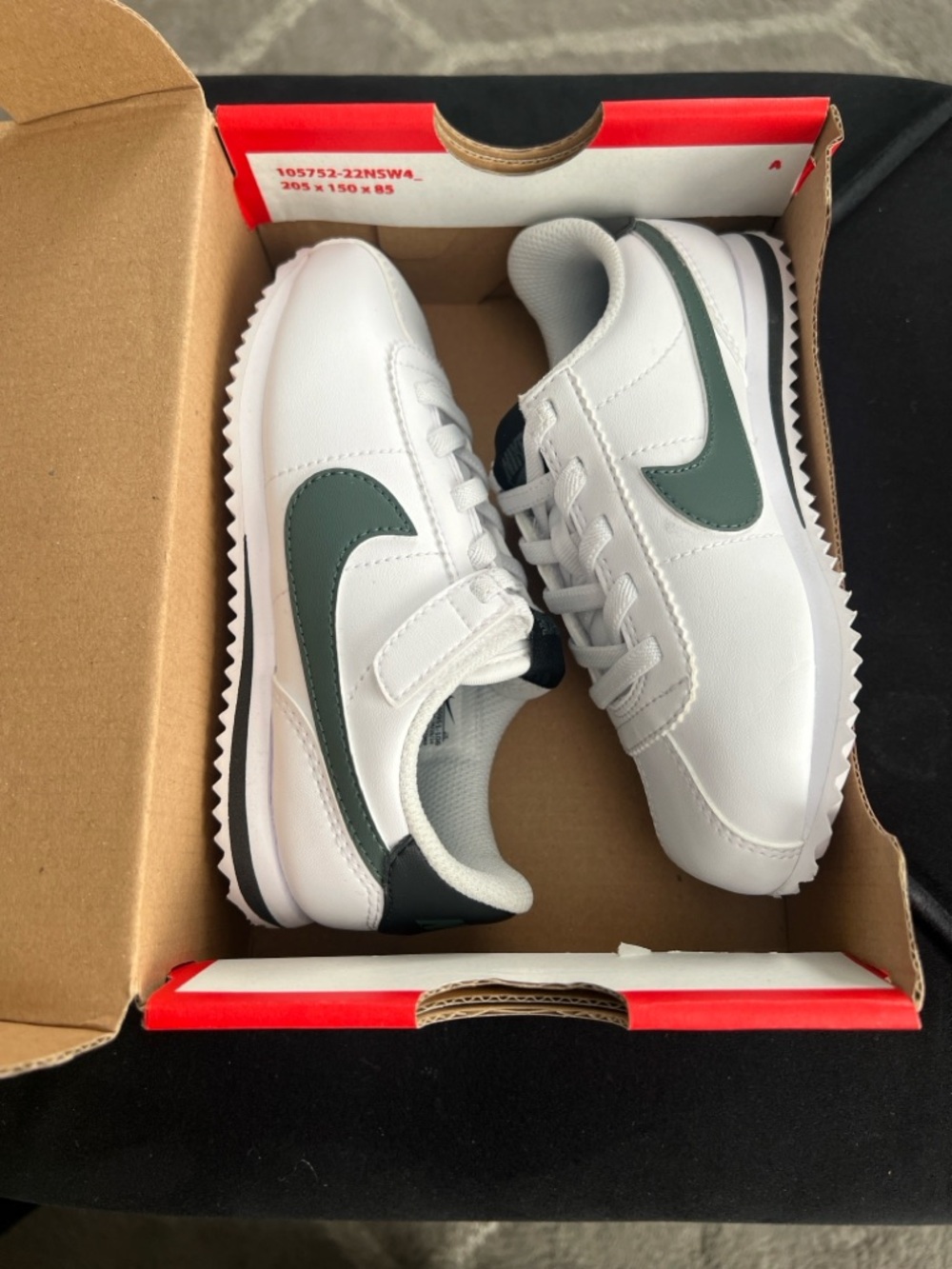 Nike Kids Cortez, Easy On. White/green/black color, size 10c.